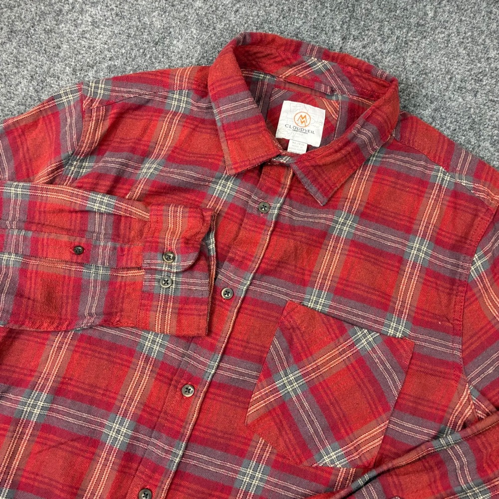 Cloudveil Mountainworks Mens Size XL Red Gray Plaid Flannel Button Down Shirt